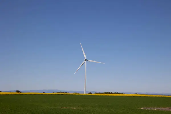 Yeşil alanın ortasında rüzgar enerjisi yel değirmeni