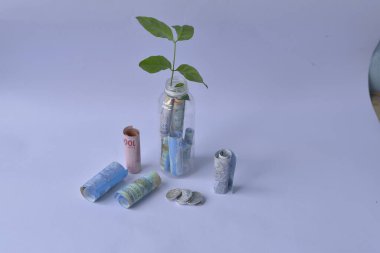 Banknotlar şişenin içinde yuvarlanıyor ve beyaz arka planda izole edilmiş, enflasyon, tasarruf, borç, faiz borcu, finans kavramı için. Jakarta 2 Kasım 2024