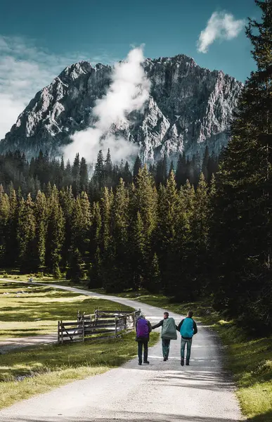 Avusturya Alpleri 'nde sırt çantalı turistlerin yürüdüğü dikey bir fotoğraf. Yürüyüş ve sırt çantası kavramı.