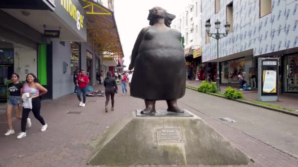 哥斯达黎加圣何塞 2022年6月 圣何塞市中心 有一个妇女雕塑 当地居民在那里购物 — 图库视频影像
