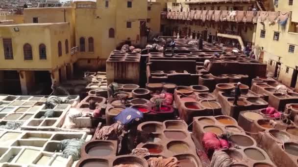 Fes Maroko Kwiecień 2018 Mężczyźni Pracujący Garbarni Skórzanej Wokół Niej — Wideo stockowe