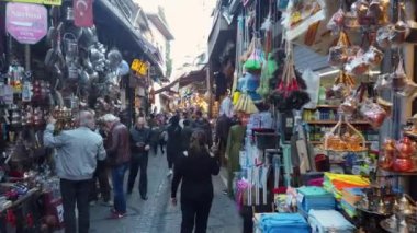 Istanbul, Turkey - July 2019: People shopping in Eminonu district, historical center of Istanbul. It is known for its historical landmarks, such as the Grand Bazaar and the Blue Mosque
