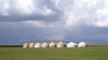 Traditional Yurt tent camp at the Song Kul lake plateau in Kyrgyzstan. Yurt tents are traditional, portable tents made of felt that are used as a form of accommodation in the country.