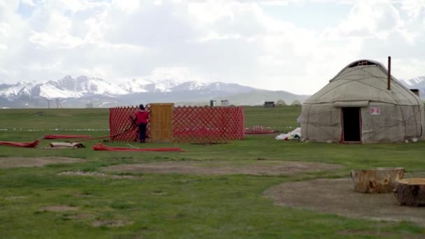 Kyrgyzstan May 2022 Kyrgyz People Building Traditional Yurt Tent Kyrgyzstan — 图库视频影像