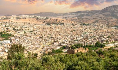 Fes, Fas 'taki eski Medine' nin (Fes El Bali Medina) güzel panoramik manzarası. Kalbinde insanlar ve pazarlar barındıran hareketli bir hayat labirenti.