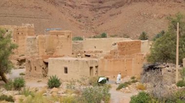 Eşeğiyle birlikte Fas 'ın düz çatıları, yüksek kil duvarları ve Fas' ın Atlas dağ geçidinde küçük pencereleri olan geleneksel Fas kil evlerinde yürüyen bir kadın.
