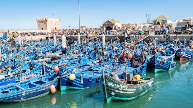 Essaouira, Fas - 17 Eylül 2022: Mavi balıkçı tekneleri Essaouira limanına yanaştı. Balıkçı tekneleri limana yanaşıyor, günün avını getiriyorlar, martılar da tepemizde daireler çiziyor.