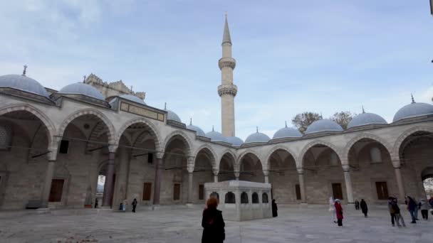 土耳其伊斯坦布尔 2023年12月7日 苏莱曼尼亚清真寺 穆斯林和游客到访 苏莱曼尼亚清真寺是奥斯曼帝国时期由Mimar Sinan建造的 — 图库视频影像