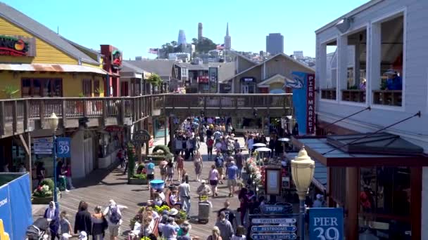 美国加利福尼亚州旧金山 2019年8月 人们参观旧金山海滨的渔民码头和39号码头 那里挤满了繁华的纪念品商店 抓住了沿海生活的精髓 — 图库视频影像