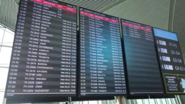 İstanbul, Türkiye - 12 Ekim 2023: İstanbul Havalimanı 'ndaki uçuş bilgilerinin kapanış zamanı tablosunda kapı numaraları ve uçuşların durumu.
