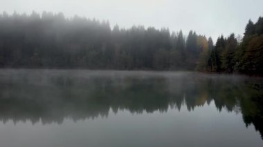 Doğu Karadeniz bölgesinde sabah buharlaşmasıyla Savsat Karagol Gölü. Savsat Karagol Gölü, Türkiye 'nin Artvin ilindeki ormanda yer alan büyük bir alabalık gölüdür.