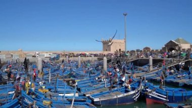 Essaouira, Fas - 17 Eylül 2022: Essaouira limanına yanaşan mavi balıkçı tekneleri, balıkçılar ve yerel halk limanda toplanırken, martılar tepemizde daireler çiziyor.