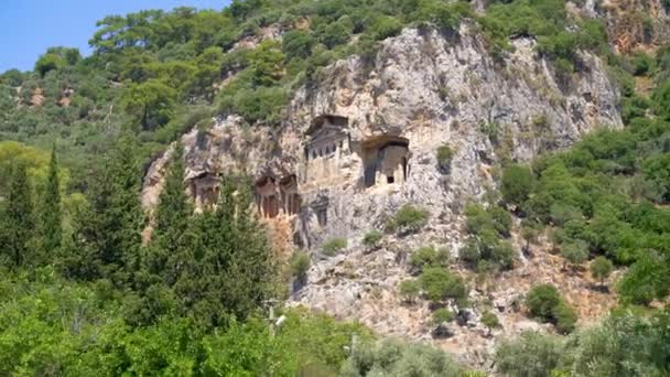 Λυκίας Κάουνος Τάφοι Σκαλισμένα Dalyan Τοπίο Στην Τουρκία Ένας Δημοφιλής — Αρχείο Βίντεο