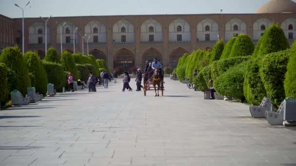 Isfahán Irán Mayo 2023 Turistas Carruaje Caballos Paseando Por Plaza — Vídeos de Stock