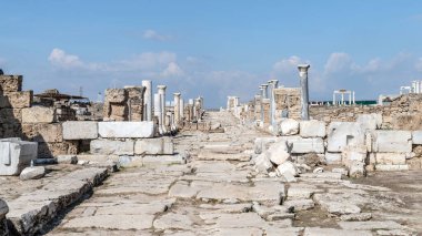 Denizli, Türkiye - 6 Ekim 2019: Pamukkale 'deki Laodikeia antik şehir kalıntıları, bu antik şehir iyi planlanmış sokakları ve anıtsal kapılarıyla tanınıyor.