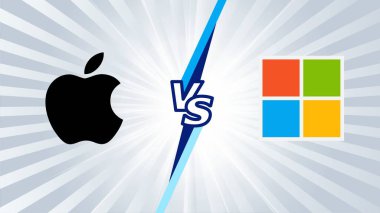 İstanbul, Türkiye - 7 Şubat 2024: Apple Microsoft 'a karşı. Apple Microsoft 'a karşı iki teknoloji şirketi arasındaki rekabet kavramı. Ticari rekabetin temsili.