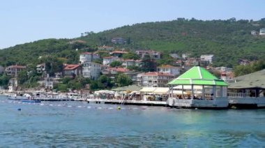 İstanbul, Türkiye - 17 Ağustos 2023: Geleneksel ada evleri ve plaj insanları ile Prensler Adası Sahili