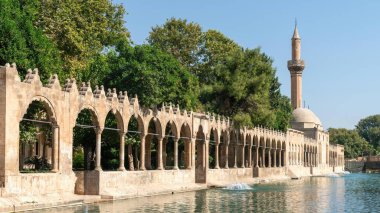 Sanliurfa, Turkey - 14.10.2022: Balikligol fish pond and Halil ur Rahman mosque. This is a sacred site and birth place of prophet abraham clipart