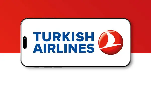 stock image Istanbul, Turkey - 02 July 2024: Turkish Airlines logo on a smartphone screen. Turkish Airlines is Turkey's national flag carrier airlines company