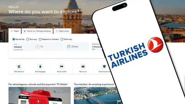 stock image Istanbul, Turkey - 02 July 2024: Turkish Airlines logo on a smartphone screen with website in background. Turkish Airlines is Turkey's national flag carrier airlines company