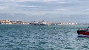 İstanbul, Türkiye - 12 Ocak 2024: İstanbul silueti ile boğazdan geçen yolcu gemisi