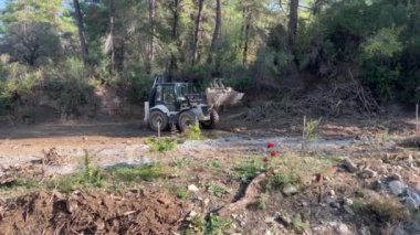 Mugla, Turkey - March 2022: Mini bulldozer clearing forest for new road construction, levelling and moving soil during road building. Dozer clearing small twigs and branches.