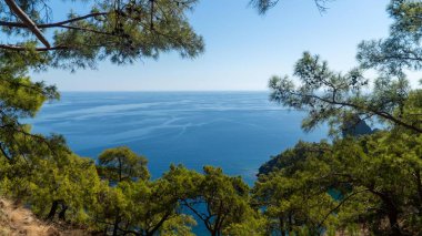 Antalya 'daki Lycian Yolu' ndan görülen çarpıcı Türk Akdeniz kıyı şeridinde her yaz turistleri cezbeden mavi bir deniz, yemyeşil ormanlar ve engebeli kayalık kıyılar yer alıyor..