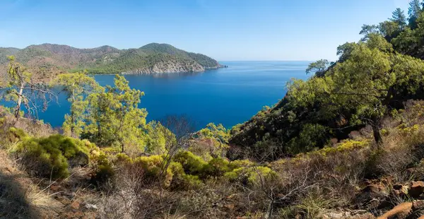 Antalya 'daki Lycian Yolu' ndan görülen çarpıcı Türk Akdeniz kıyı şeridinde her yaz turistleri cezbeden mavi bir deniz, yemyeşil ormanlar ve engebeli kayalık kıyılar yer alıyor..