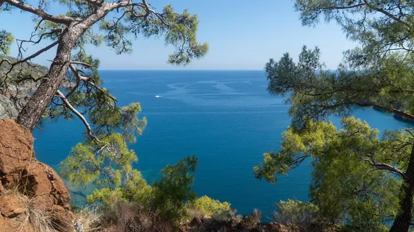 Antalya 'daki Lycian Yolu' ndan görülen çarpıcı Türk Akdeniz kıyı şeridinde her yaz turistleri cezbeden mavi bir deniz, yemyeşil ormanlar ve engebeli kayalık kıyılar yer alıyor..
