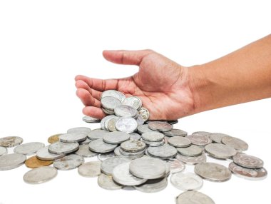 Bir el resmi ve Endonezya paraları. Bir el ve gümüş para resmi.