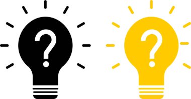 Soru işareti simgeli ampuller. Çözüm simgesi vektör illüstrasyonu. Fikir tabelası. Vektör düz çizgi ampul kontrol işareti