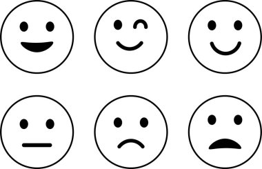 Duygu simgeleri ayarlandı. Emoji geri bildirim simgesi, mutlu nötr üzgün emoji duygu simgelerini sıraladı. Vektör İllüstrasyonu