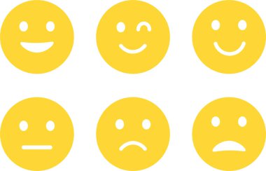 Duygu simgeleri ayarlandı. Emoji geri bildirim simgesi, mutlu nötr üzgün emoji duygu simgelerini sıraladı. Vektör İllüstrasyonu