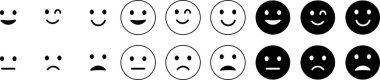 Duygu simgeleri ayarlandı. Emoji geri bildirim simgesi, mutlu nötr üzgün emoji duygu simgelerini sıraladı. Vektör İllüstrasyonu