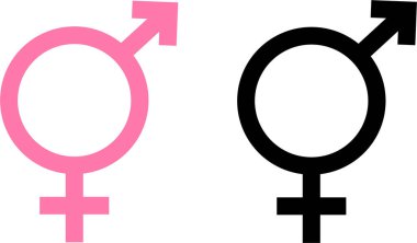 Cinsiyet ikonu vektör tasarımı. Erkek ve dişi, beyaz arka planda izole edilmiş. Vektör illüstrasyonu