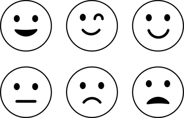 Duygu simgeleri ayarlandı. Emoji geri bildirim simgesi, mutlu nötr üzgün emoji duygu simgelerini sıraladı. Vektör İllüstrasyonu