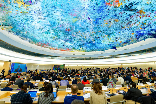 Geneva, Switzerland - February 24 2025: UN Secretary-General Antonio Guterres addresses the high-level segment of the 58th session of the Human Rights Council at the United Nations in Geneva.