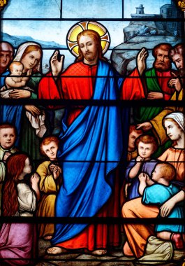 Chcy, FRANCE - 01-26-2025: Çocuklar bana gelsin! Çocuklar İsa 'ya yaklaşmak ister, o da onları karşılar ve kutsar..