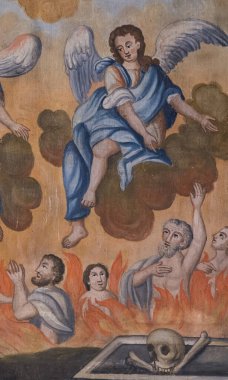 Pegomas, FRANCE - 03-05-2025: Kutsanmış Bakire Meryem 'in meleklerle çevrelenmiş cennetteki varlığının lekeli camı (20. yüzyılın başlarında)