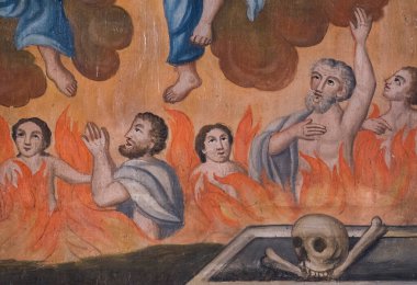 Pegomas, FRANCE - 03-05-2025: Kutsanmış Bakire Meryem 'in meleklerle çevrelenmiş cennetteki varlığının lekeli camı (20. yüzyılın başlarında)