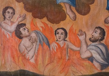 Pegomas, FRANCE - 03-05-2025: Kutsanmış Bakire Meryem 'in meleklerle çevrelenmiş cennetteki varlığının lekeli camı (20. yüzyılın başlarında)