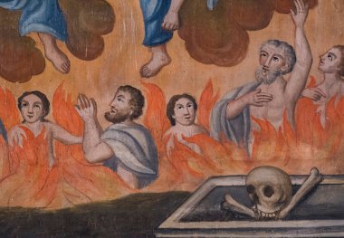 Pegomas, FRANCE - 03-05-2025: Kutsanmış Bakire Meryem 'in meleklerle çevrelenmiş cennetteki varlığının lekeli camı (20. yüzyılın başlarında)