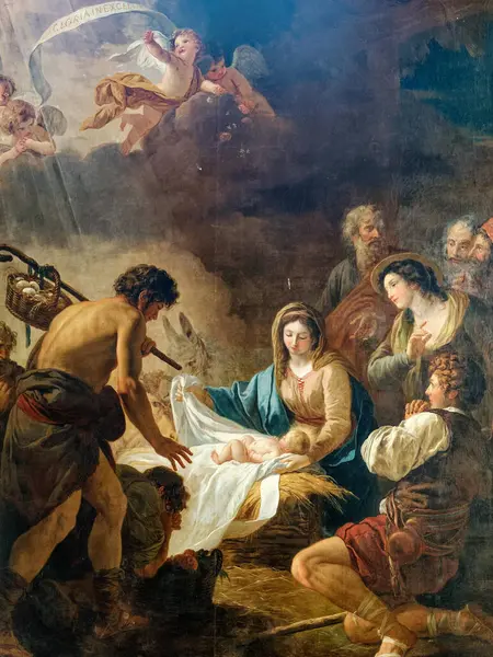 Villeneuve sur Yonne, FRANCE - 01-28-2025: Bakire Meryem, Aziz Joseph ve İsa 'nın bebeğiyle birlikte Noel Doğumu Sahnesi (19. yüzyıl).