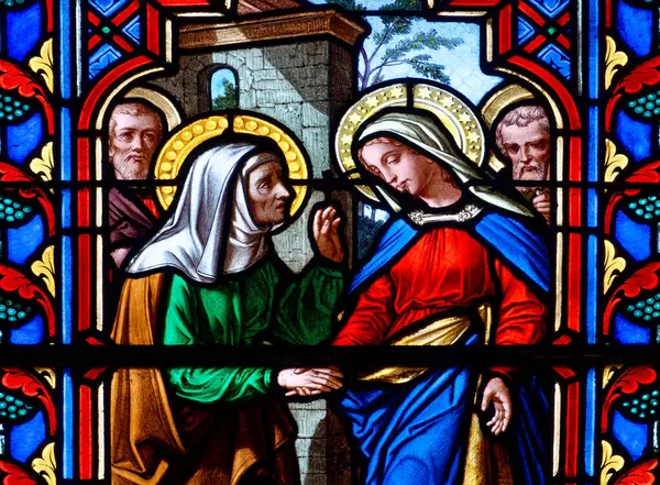 Dijon, FRANCE - 01-30-2025: Hamile kuzeni Elizabeth 'i ziyaret eden Bakire Meryem' in lekeli camları (19. yüzyıl). 