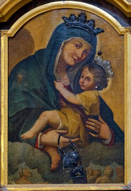 Napoli, İtalya - 10-24-2024: Kutsal Bakire Meryem 'in 19. yüzyılda bebek İsa' yı kollarında tutan resmi.