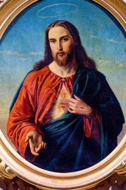 Napoli, İtalya - 10-24-2024: İsa 'nın Kutsal Yüreğinin Tablosu (19. yüzyıl).