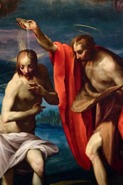 Napoli, İtalya - 10-25-2024: Ürdün Nehri 'nde Vaftizci Yahya tarafından İsa' nın Vaftizinin Tablosu (19. yüzyıl).