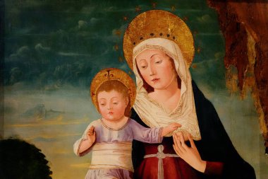 Napoli, İtalya - 10-25-2024: Bebek İsa 'yı kollarında tutan Bakire Meryem' in Tablosu.