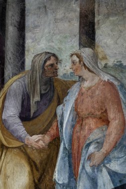 Napoli, İtalya - 10-25-2024: Hamile kuzeni Elizabeth 'e Bakire Meryem' i Ziyaret Fresco