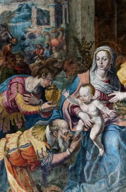 Napoli, İtalya - 10-25-2024: Fresco (15. yüzyıl) Noel Doğumu Sahnesi: Bebek İsa 'ya altın, tütsü ve mür hediyeleri sunan Magi' ye Tapma.